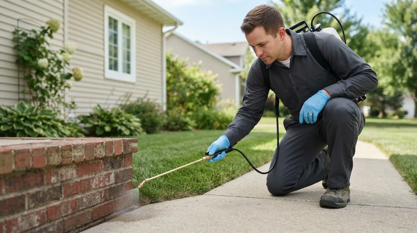 Pest control technician treating a home near Prairie Du Rocher, IL